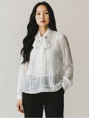 Calvin Klein White Sheer Bow Tie Blouse Size XSmall